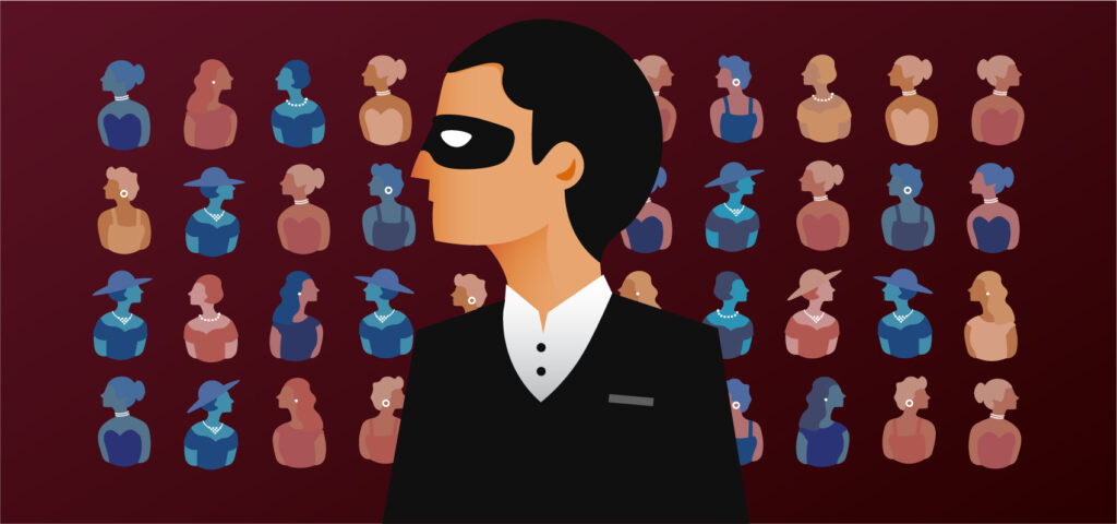 A cartoon representation of Don Giovanni with a eye mask on looking to the left with a background of different coloured silhouetted women looking to the left or right